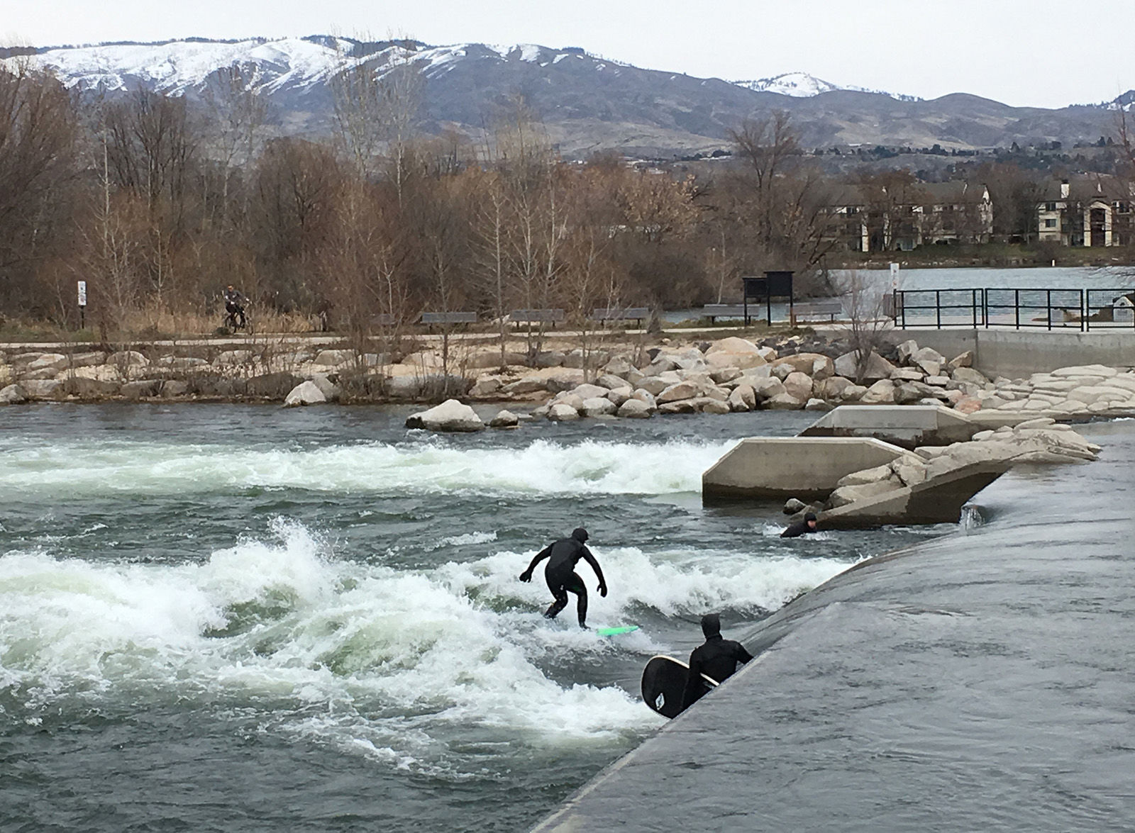 Among its other surprises, Boise has landlocked surfing at Whitewater Park, with a perpetual, human-made, standing wave. Victor Myers, proprietor of the Corridor Surf Shop, describes it as "surfing a treadmill, going nowhere fast."